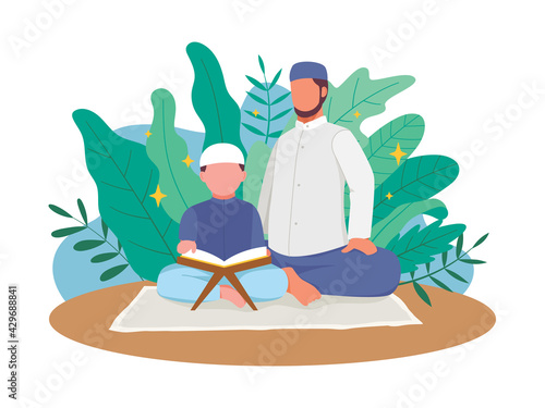 Muslim father teach his son reading Quran. Vector illustration in a flat style