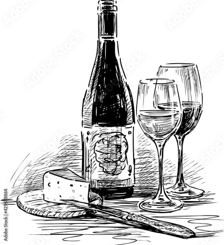 Freehand drawing of wine bottle, two wine glasses, cheese and knife