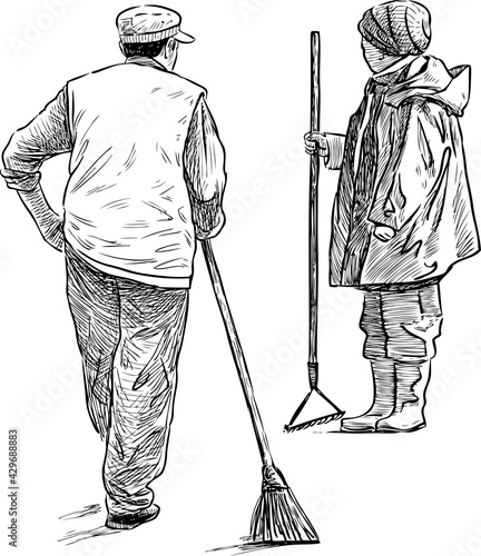 Freehand drawings of street sweepers with brooms