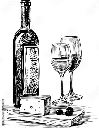 Sketch of wine bottle, two wine glasses, cheese and olives