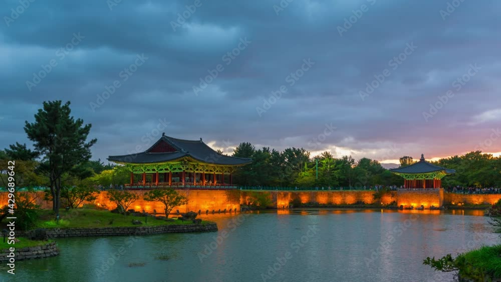 Time lapse Donggung Palace and Wolji Pond at day to night in Gyeongju south korea. Time lapse Donggung Palace and Wolji Pond at day to night in Gyeongju south korea.