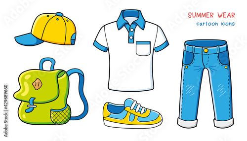 Baseball cap, sneaker, backpack, polo shirt and jeans pants isolated. Summer clothes cartoon vector icons.