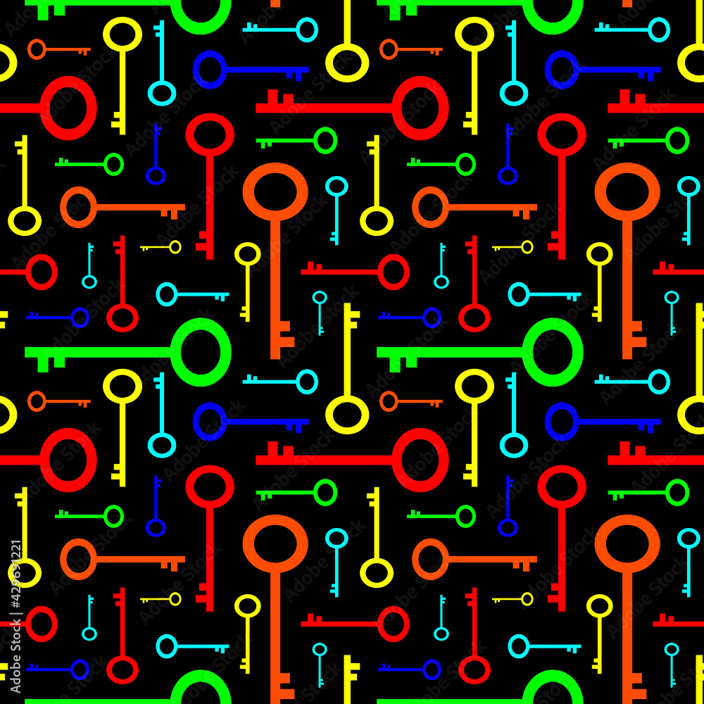 Colorful keys on black background. Simple style seamless pattern. Vector illustration.