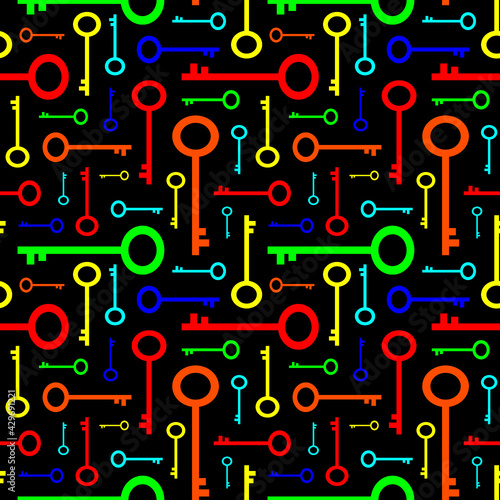 Colorful keys on black background. Simple style seamless pattern. Vector illustration.
