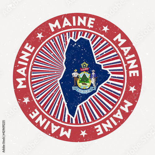 Maine round stamp. Logo of US state with state flag. Vintage badge with circular text and stars, vector illustration.