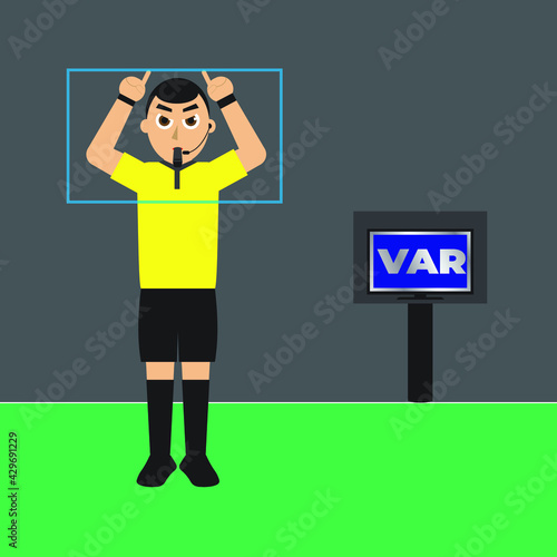 A vector of referee doing Video Assistant Referee with the VAR word at monitor screen. VAR make football loss it beauty.