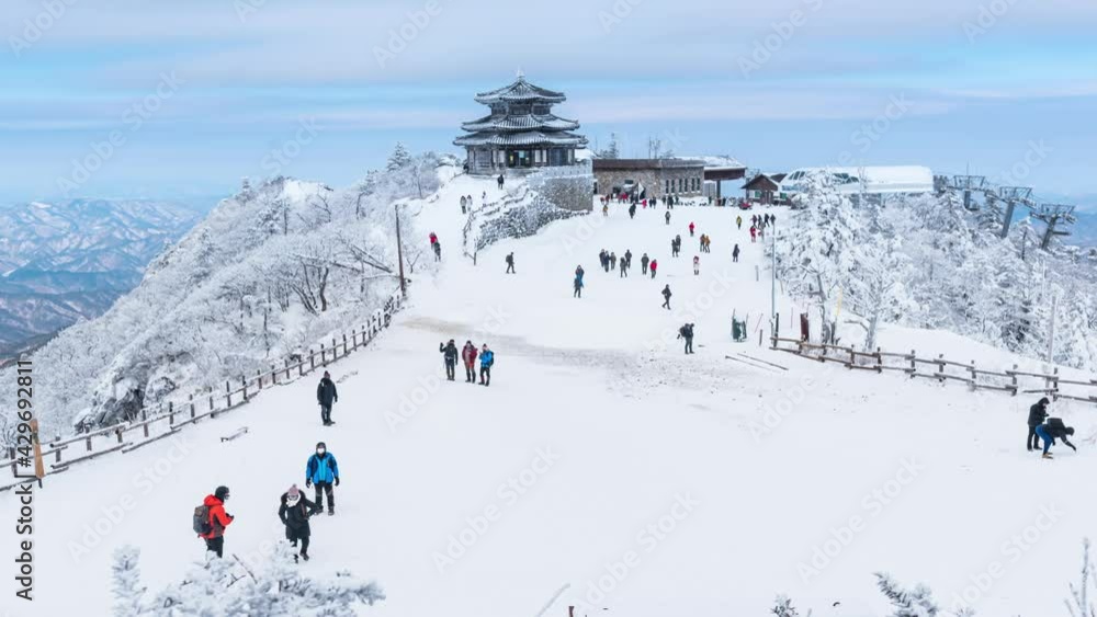 Timelapse. DEOGYUSAN,KOREA - JANUARY 10, 2021: Skier skiing on Deogyusan Ski Resort in winter,South Korea Timelapse. DEOGYUSAN,KOREA - JANUARY 10, 2021: Skier skiing on Deogyusan Ski Resort in winter,South Korea