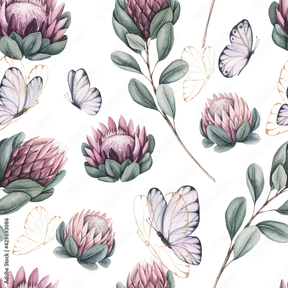 Seamless Pattern of Watercolor Protea and Butterflies Seamless Pattern of Watercolor Protea and Butterflies