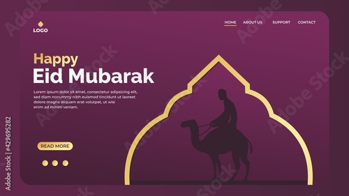 Eid Mubarak greeting concept with silhouette of muslim riding a camel for web landing page template, banner, presentation, social, and print media. islamic eid fitr or adha vector illustration