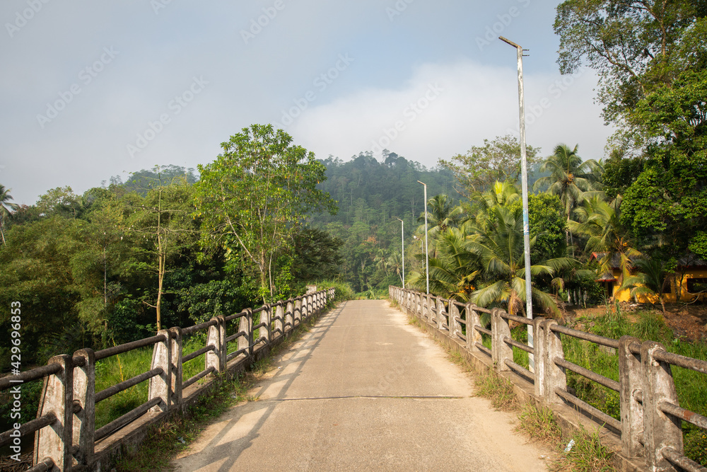 old scenic road and bridge with railing in Sri Lanka countryside surrounded by evergreen greenery, spectacular hills in background.