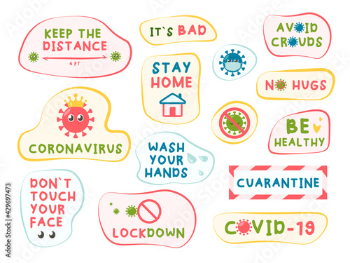 CoronaVirus Covid-19 letterings and other elements. Stay home, stop the Coronavirus, stay safe, wash your hands and others.