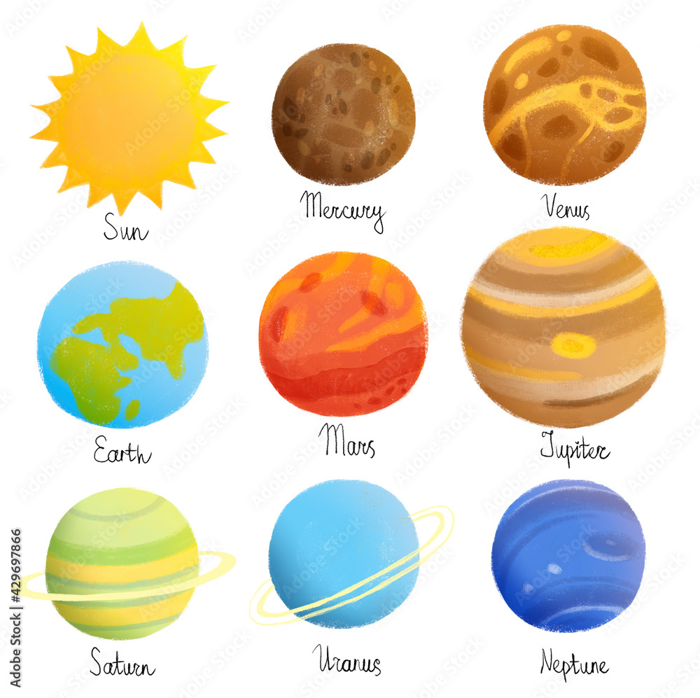 Cute cartoon Solar System poster on white background with stars. Colorful bright set of planets hand drawn illustration. High quality illustration. Children nursery, baby shower print with lettering Cute cartoon Solar System poster on white background with stars. Colorful bright set of planets hand drawn illustration. High quality illustration. Children nursery, baby shower print with lettering
