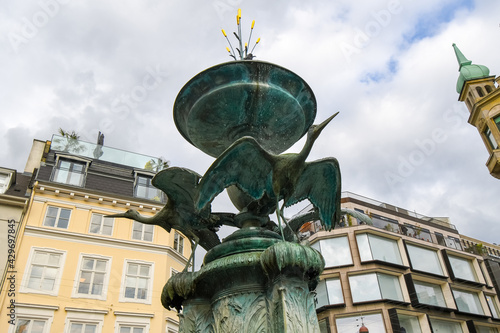 Canvas Print The Stork Fountain is located on Amagertorv in central Copenhagen, Denmark at the famous shopping district of Stroget