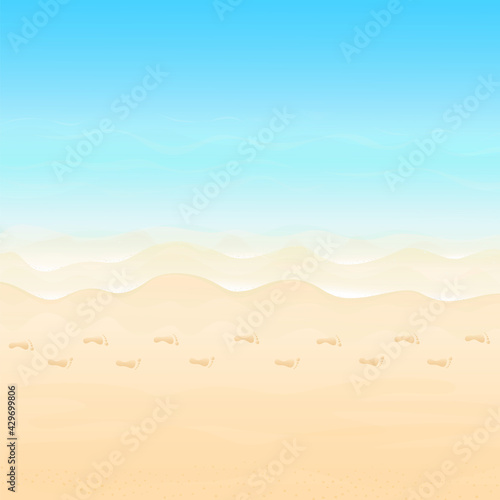 Vector illustration. Ocean from above. Banner, site, poster template. Paradise beach with waves and footprints along the beach.