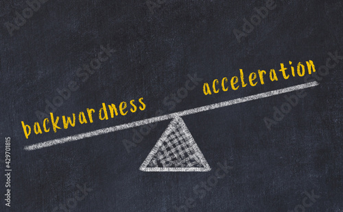 Concept of balance between backwardness and acceleration. Chalk scales and words on it photo