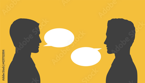 Men dialogue. Businessmen discussion. People silhouettes with speech bubbles.