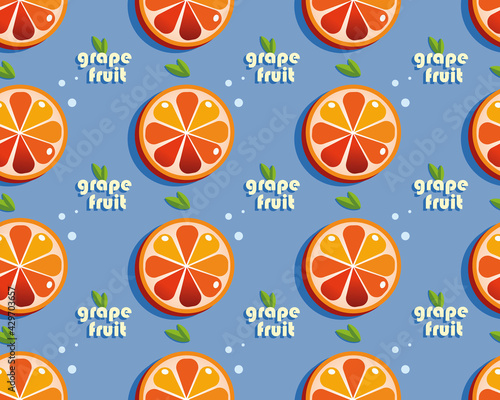 seamless pattern with slices of citrus fruit grapefruit, leaves and flower, bright background for summer design, stylized vector graphics