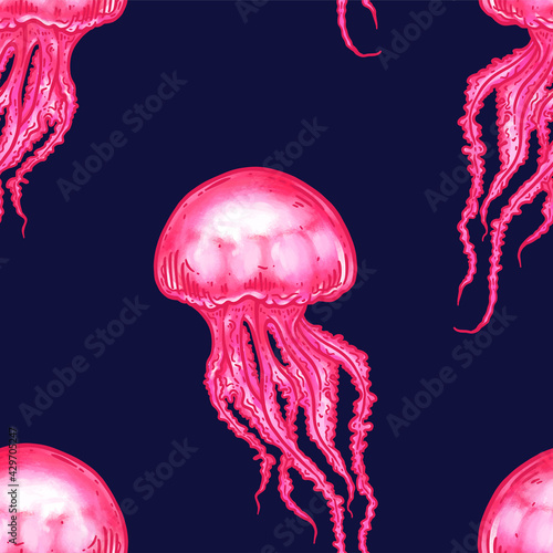 Hand drawn jellyfish seamless pattern background illustration