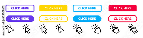 Click Here Button with hand or mouse cursor. Click button. Modern action button. Computer mouse cursor or hand pointer symbol. Set for button website design