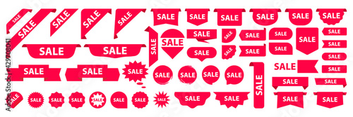 Red price tags collection. Special offer or shopping discount label. Sticker, ribbon and tags. Modern promotional sale badges. Set of shop product tags, label or sale, sticker for new collections