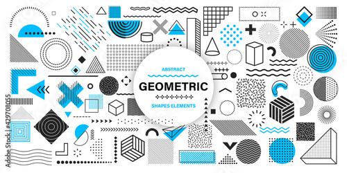 Universal trend geometric shapes. Collection of 100 geometric shapes. Memphis design elements for Magazine, leaflet, billboard, sale, web, advertisement, poster. Outline hatching forms or dots