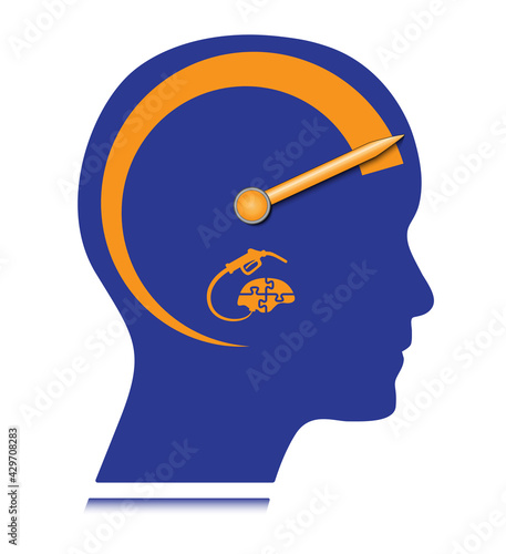 Blue human head with fuel indicator and orange colored marks. Intelligence infographics design to use in brainstorm, knowledge, solution and thinking concept projects and presentations.