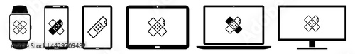 Display Band Aid Plaster Wound Icon Devices Set | Web Screen Care Injury Repair Broken Device Online | Laptop Vector Illustration | Mobile Phone | PC Computer Smartphone Tablet Sign Isolated