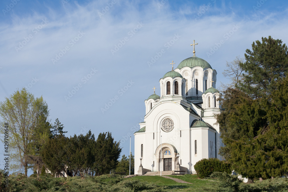 Memorial church of Saint Demetrius, or hram svetog dimitrija, in Lazarevac, in afternoon. This church was erected in memory of WWI battle of Kolubara in Lazarevac, Serbia