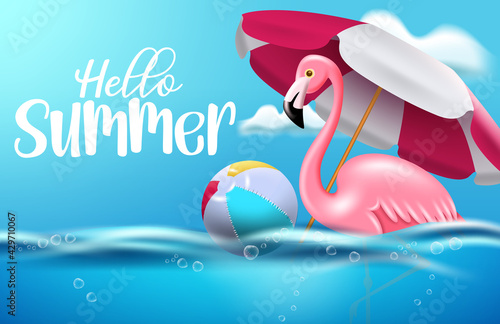 Hello summer vector banner design. Hello summer text with flamingo and beachball floating in sea water for summer relax and enjoy holiday vacation. Vector illustration
