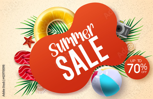 Summer sale vector banner design. Summer sale text with up to 70% off beach element like beach ball, floater and flipflop for tropical season business promo discount. Vector illustration
