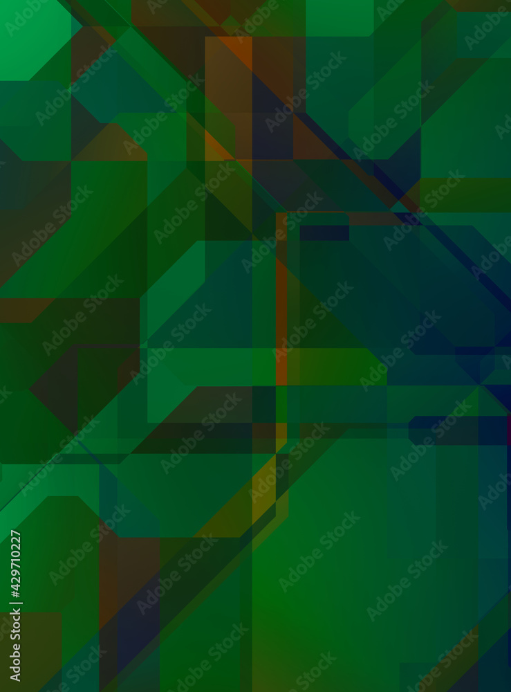 Layers of colorful and vibrant geometrical shapes. Digital illustration of a tech layout. Futuristic design template.