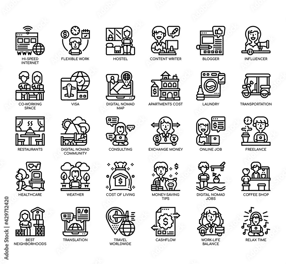 Set of Digital Nomad thin line and pixel perfect icons for any web and app project. Set of Digital Nomad thin line and pixel perfect icons for any web and app project.