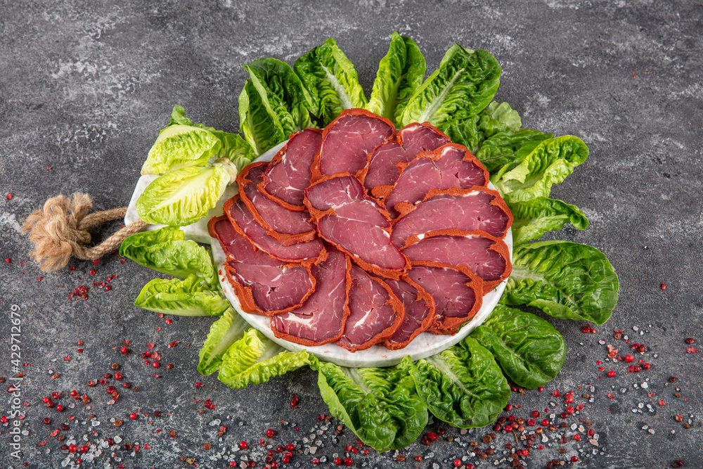Turkish bacon, pastrami ( kayseri pastirma ) Fresh sliced pastrami