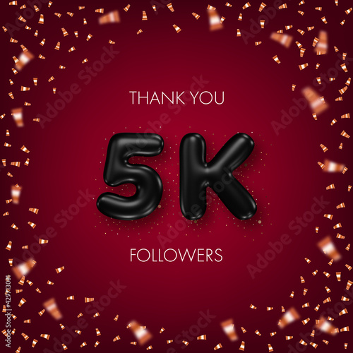 Thank you followers. Social media achievement poster with black 3d numbers and confetti on dark red background