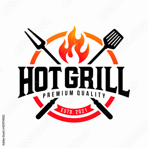 vintage grilled barbecue logo, retro BBQ vector, fire grill food and restaurant icon, Red fire icon
