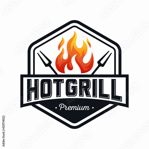 vintage grilled barbecue logo, retro BBQ vector, fire grill food and restaurant icon, Red fire icon
