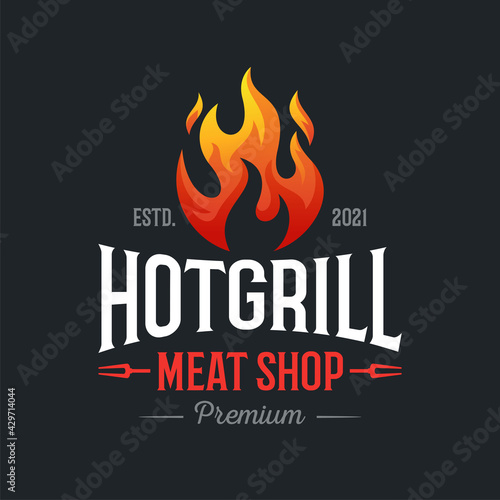 vintage grilled barbecue logo, retro BBQ vector, fire grill food and restaurant icon, Red fire icon
