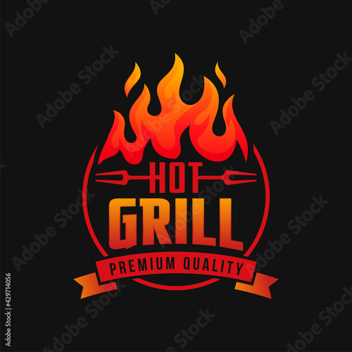 vintage grilled barbecue logo, retro BBQ vector, fire grill food and restaurant icon, Red fire icon
