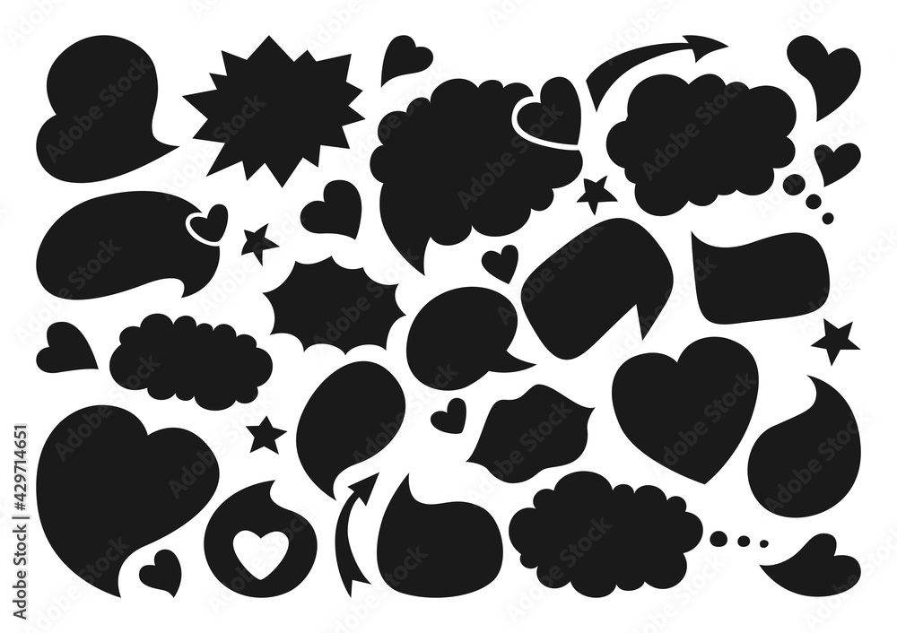 Speech bubbles blank empty flat cartoon set, black silhouette. Speech thought blobs comics, balloon chat love banner. Comic design elements dialog clouds icon. Blank apps, website. Vector illustration Speech bubbles blank empty flat cartoon set, black silhouette. Speech thought blobs comics, balloon chat love banner. Comic design elements dialog clouds icon. Blank apps, website. Vector illustration