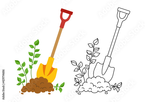 Shovel in ground set black line icon, cartoon style. Work tool for outdoor activities digging symbol. Rural gardening, Construction equipment collection. Hand drawn garden concept vector illustration