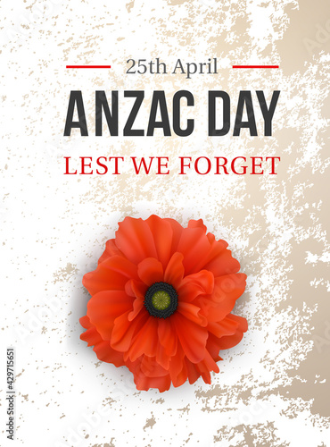 Aznaс Day - Lest We Forget. 25th of April. National holiday of Australia and New Zealand. Honor and glory to the veterans. Vintage card with red poppy on grunge background