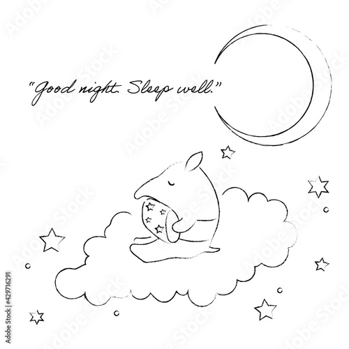 空で安眠するバクのイラスト　モノクロ線画