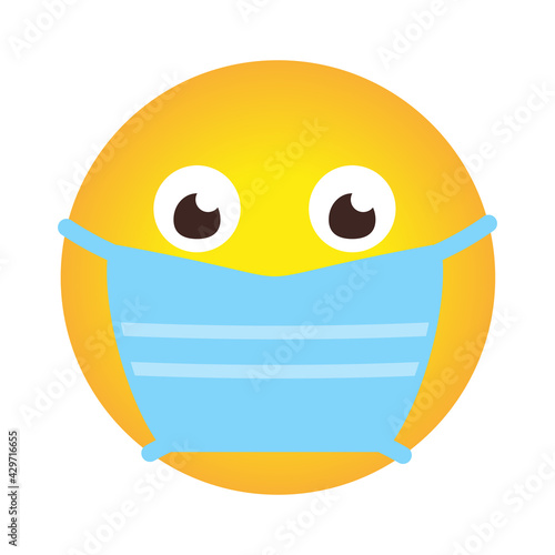 Closeup emoji icon in medical mask. Emoticon smile in cartoon style in face protective mask as sign protect against spread of coronavirus. Chat app object. Stop COVID-19. Isolated vector illustration