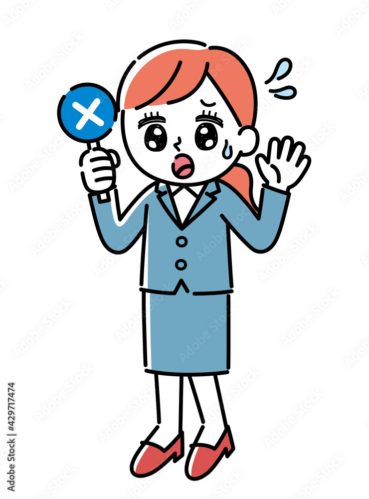 バツ札を持っているスーツを着た女性のイラスト バツ札を持っているスーツを着た女性のイラスト
