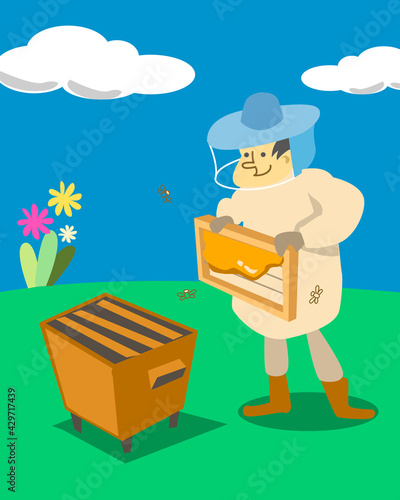 a farmer cartoon harvesting honey 
