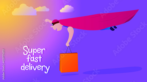 Super man delivers a package, banner. Super fast delivery, concept. Super man flying through the sky, delivery service, vector illustration
