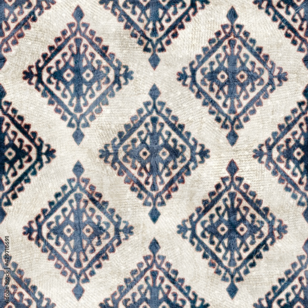 Seamless grungy tribal ethnic rug motif pattern. High quality illustration. Distressed old looking native style design in shades of gray and cream. Old artisan textile seamless pattern. Seamless grungy tribal ethnic rug motif pattern. High quality illustration. Distressed old looking native style design in shades of gray and cream. Old artisan textile seamless pattern.