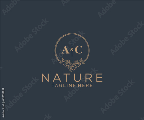 initial AC letters floral frames. Botanical feminine editable premade monoline unique decoration for greeting card, wedding invitation.
