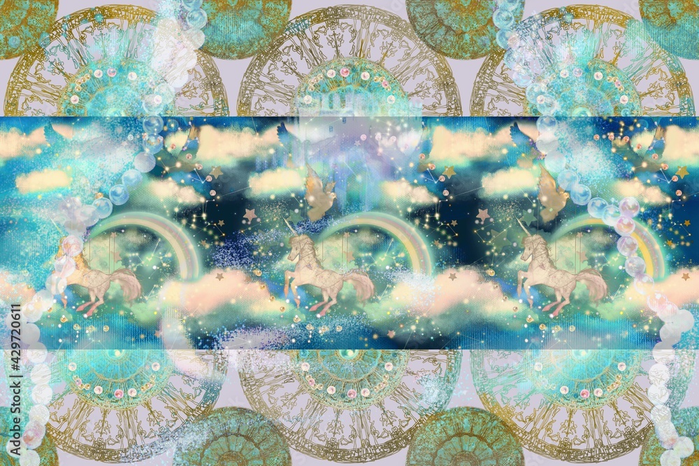 Cute Wallpaper of castle and unicorn and rainbow in the cloudscape 