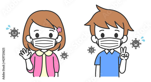 マスクをつけた女の子と男の子　感染予防　マスク　イラスト素材